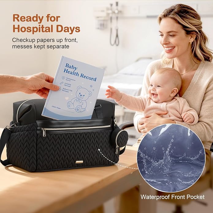 Lekesky Diaper Bag Tote, Large Diaper Bags Waterproof | Hospital Bag for Labor Delivery, Baby Bag with Pacifier Case, Travel Diaper Tote with Changing Pad, Black - Image 6