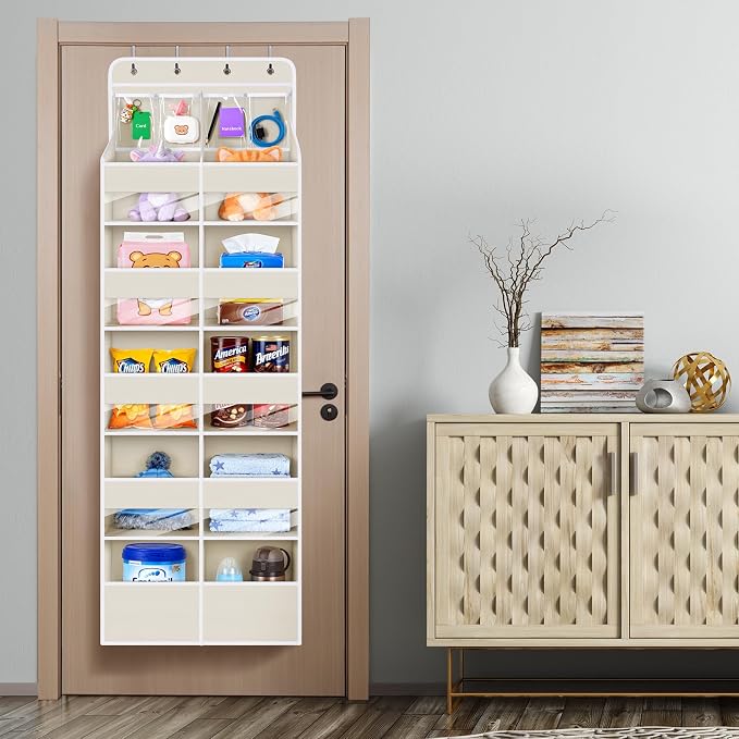 Univivi Upgraded Over the Door Organizer for Baby Nursery, Beige, 6-Shelf | Fabric Behind Door Storage with Clear Window Deep Pockets, Over Door Hanging Organizer for Baby Essential, Bedroom, and Dorm - Image 6