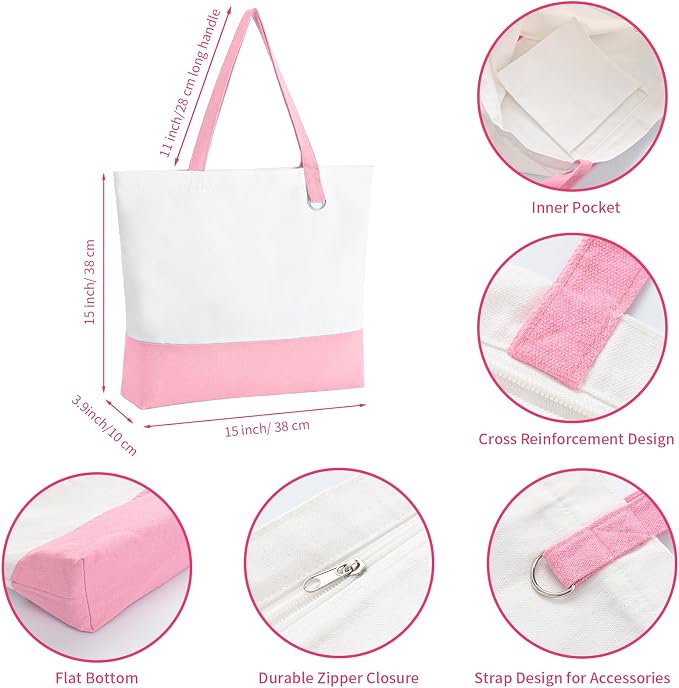 6-Pack Canvas Tote Bags with Zipper, Large Grocery Tote, Multicolour | Reusable, washable, inner pocket, flat bottom, sturdy handle, for sublimation DIY/transfer, travel/beach/gift/Christmas craft - Image 4