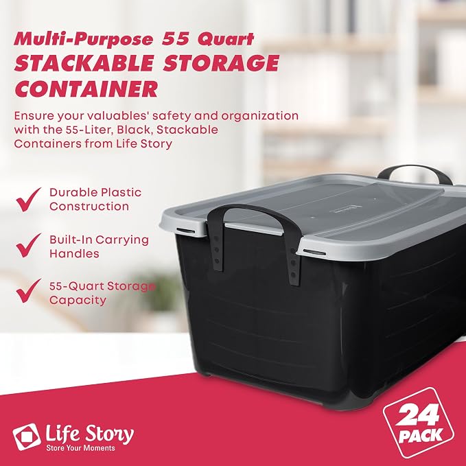 Life Story 24 Pack Stackable Storage Bin, 55 Qt Home Organizers, Black/Gray | Heavy-Duty Versatile Lightweight Locking Bins with Carrying Handles - Image 2