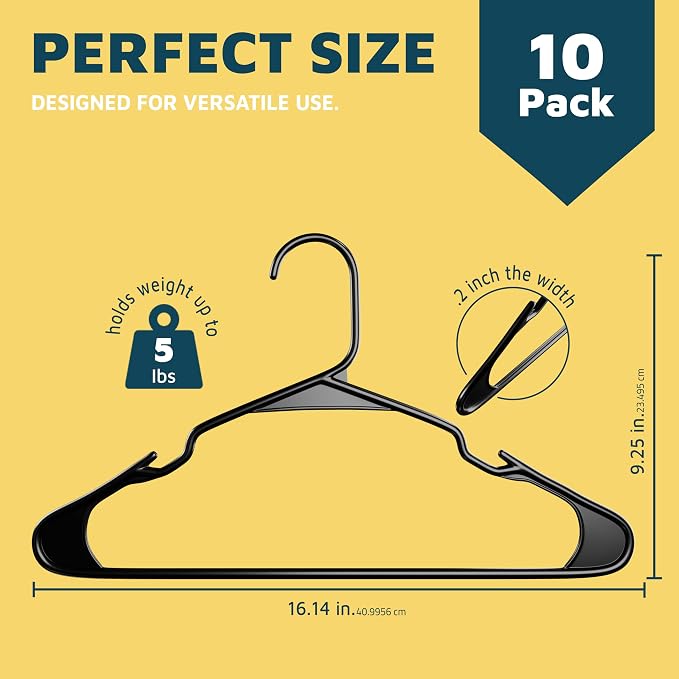 Lifemaster Plastic Clothes Hangers – Heavy Duty Hanger Set, for Organizing Clothes, Dresses, and Coat, Holds Up to 5 lbs, Space-Saving Hangers with Non-Slip Shoulder Grooves, Pack of 10, Black - Image 2