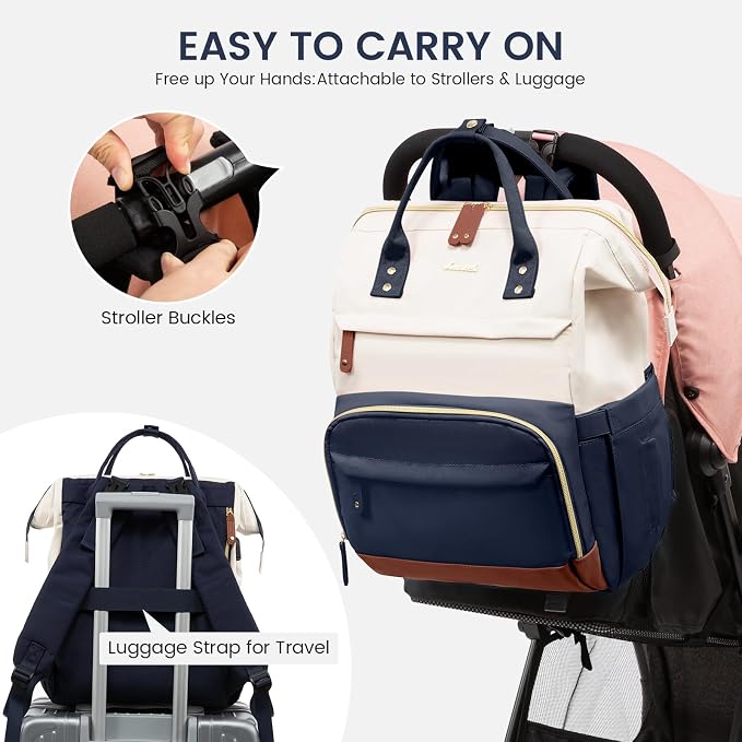 LOVEVOOK Diaper Bag Backpack, Baby Bag with Changing Station, Large Diaper Backpack for Mom Dads, Waterproof Leather Mommy Bag for Boy and Girl, Travel Essential Baby Shower, Navy Blue-Beige - Image 4