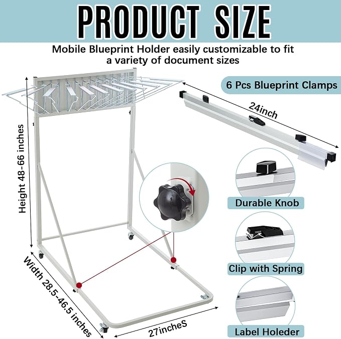 Estune Mobile Blueprint Holder Rack, Adjustable Mobile Blueprint Holder with 6 24 in Hanging Clamps 4 Wheels Poster Display Rack Storage Organizer Stand for File Display Plan Office Home(Silver) - Image 2