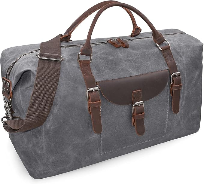 Oversized Travel Duffel Bag Waterproof Canvas Genuine Leather Weekend bag Weekender Overnight Carryon Hand Bag Grey by NEWHEY