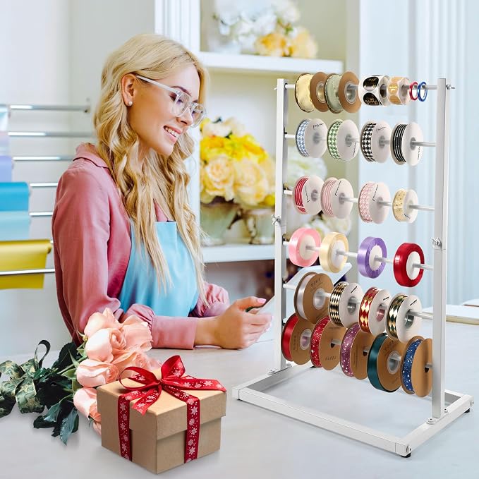 Aulin 6 Tier Large Capacity Ribbon Storage Organizer Rack(White) | Metal Ribbon Spool Holder：It comes with six standard-thickness rods and three thinner rods. - Image 4