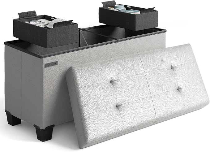 Storage Ottoman Bench with Bins, 30-in Storage Bench for Bedroom End of Bed, Folding Foot Rest Ottoman for Living Room Max 660lbs, Leather Ottomans, Light Grey by STORAGEBUD