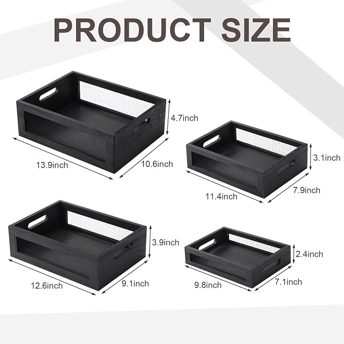 FillTouch 4 Pcs Wooden Nesting Countertop Baskets 4 Size Wooden Storage Box with Handle and Metal Wire Multipurpose Wood Organizer Crate for Fruit Vegetable Kitchen Cabinet Bathroom (Black,Small) - Image 2