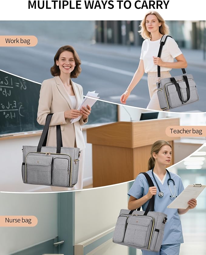 ESTARER Teacher Tote Bag Women 15.6 inch Laptop Bag for Work with Accordion File Organizer & Insulated Pocket, Professional Computer Messenger Shoulder Bag Briefcase for Office/College/Nursing (Grey) - Image 2