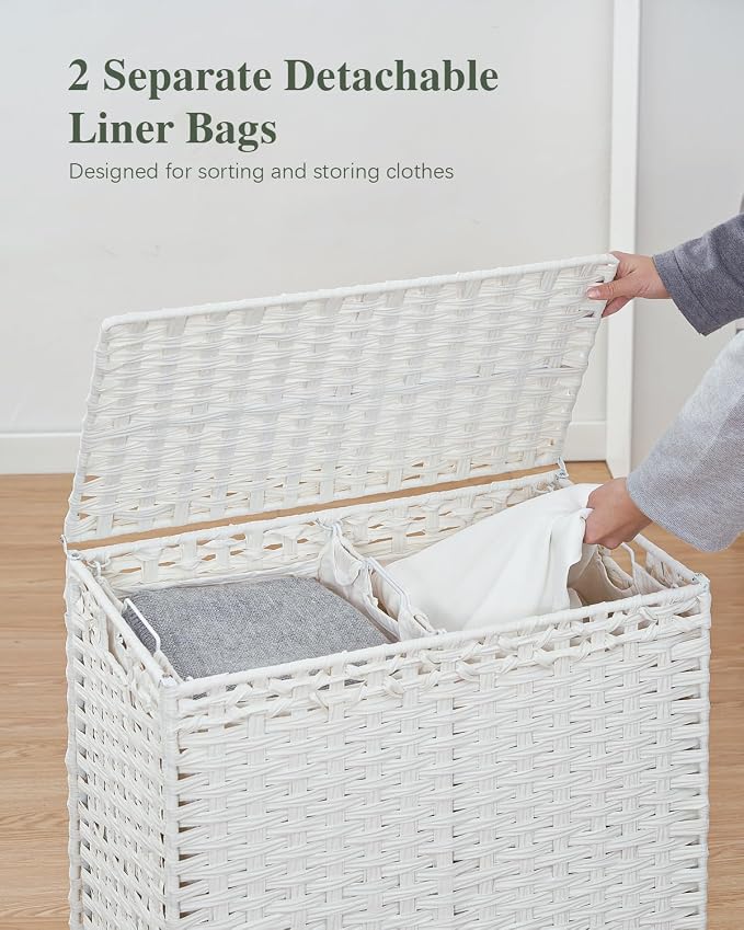 SETVSON Laundry Hamper with Lid, 112 L Handwoven Rattan, Cloud White | 2-Section Large Basket, 2 Removable Liner Bags, 3.34-In Heightened Metal Feet, 6 Mesh Laundry Bags, Side Handles - Image 5