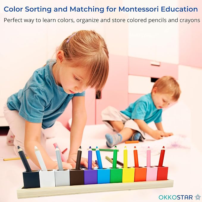 Montessori Crayon Holder for Kids - Craft Supply Organizer - Classroom Storage Caddy Case - Perfect for Colored Pencils [Crayons or Pencils NOT Included] (Standard) | Color Sorting Caddy, 11 Beechwood Cups Plus 8 Stencils, Holds Crayons Pencils Markers... - Image 2