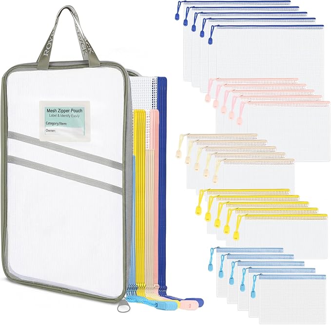 25 Pack PVC Mesh Zipper Pouches with 1 Organizer Bag, 26pcs | A4 A5 A6 Bill B6 Translucent PVC Pouches for Board Game Organization Puzzle Storage Cards Crafts and Project Parts by ROYPACKStorageSolutions