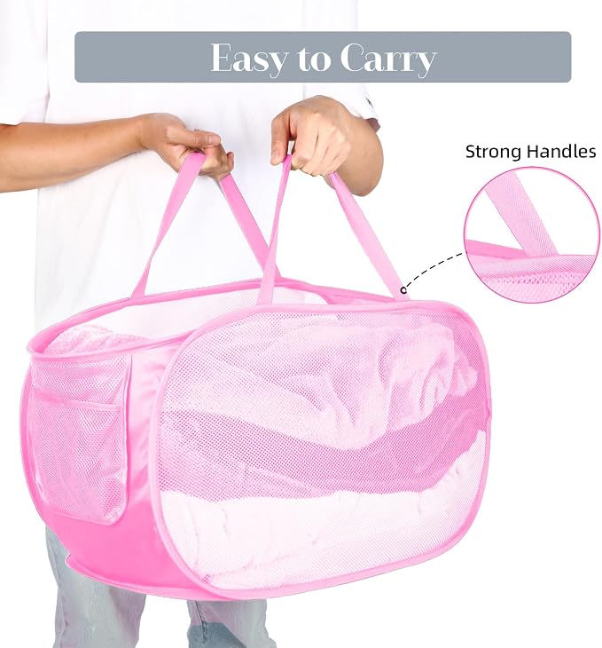 Durable Collapsible Laundry Baskets, Mesh Pop Up Laundry Hamper with Side Pocket, Foldable Clothes Hamper with Reinforced Carry Handles for Laundry, Bathroom, Kids Room, Dorm or Travel 2 Pack Pink - Image 5