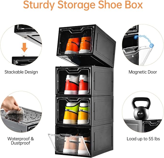 Stebopum 12 Pack Shoe Boxes Organizer, Magnetic Door Shoe Storage Boxes, Clear Sneaker Storage Box for Women/Men, Fit up to US Size 12 - Image 2