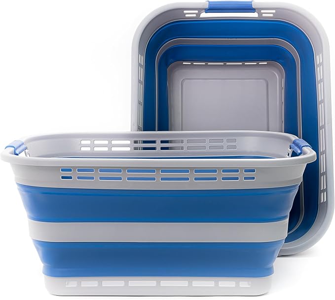 SAMMART 42L (11 gallons) Collapsible Plastic Laundry Basket - Portable Pop Up Storage Container/Organizer - Portable Hamper - Space Saving Easy Storage (Grey/Mist Blue (Set of 2)) - Image 4