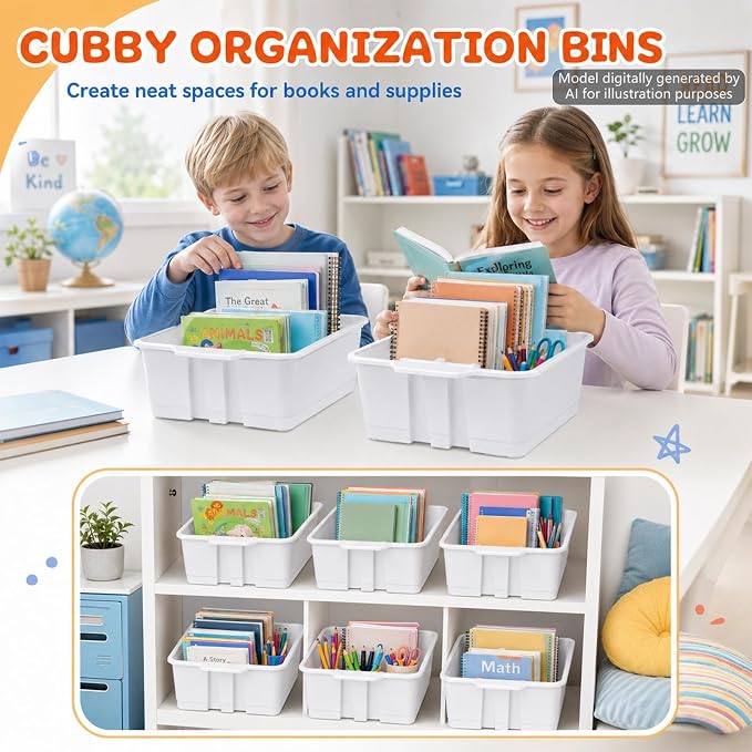 6 Pack Plastic Book Bins Stackable Classroom Cubby Organizer, White | Scoop Front Storage Bins, Cubby Bins with Handles for School Library Office Home Nursery Playroom Organization - Image 5