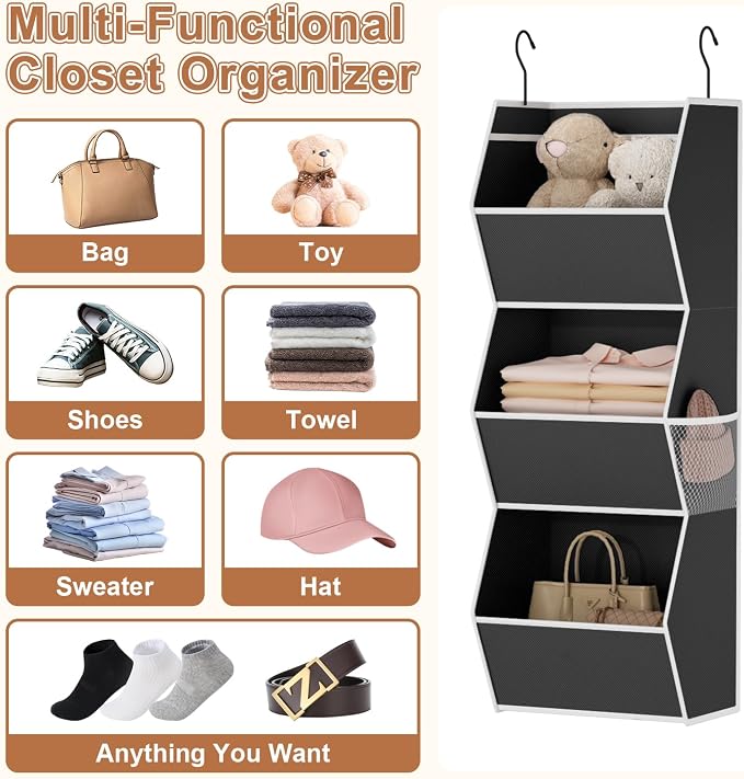 Hanging Closet Organizer Collapsible Bedroom Closet Organization, 3 Shelf | Closet Organizers and Storage Hanging with Mesh Pocket for Clothes, Closet Hanging Organizers and Storage for Wardrobe, Black - Image 5