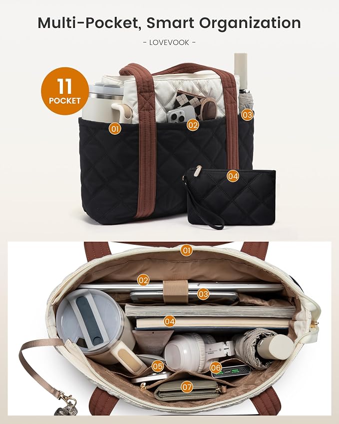 LOVEVOOK Puffer Tote Bag for Women, Puffy Work Handbag with Cup Holder, Travel Carry On Bag with Zipper for Teacher Nurse Gym - Image 4