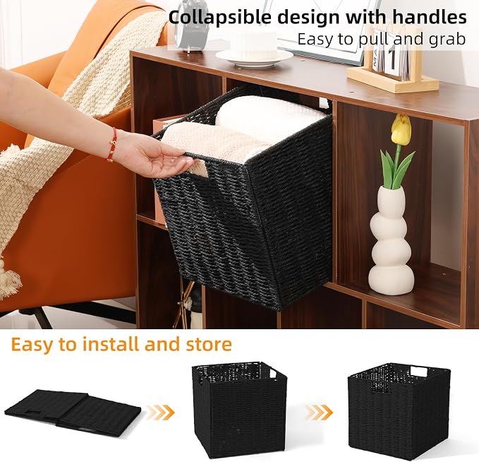 Set of 2 Hand-Woven Paper Rope Wicker Baskets,12x12x12in Storage Basket, Foldable Cube Storage Bins, Black Storage Cubes, Square Baskets for Organizing Shelves Decor - Image 4