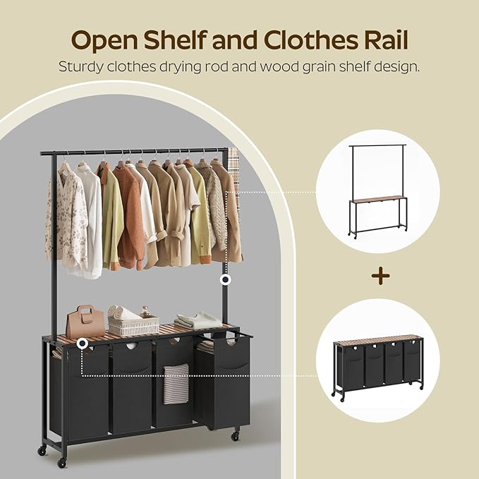 Laundry Sorter 4 Section, Rolling Laundry Hamper with Hanging Rack, Laundry Sorter with Wheels, Hampers for Laundry, Laundry Basket Organizer for Laundry Room, Rustic Brown LS47BR - Image 4