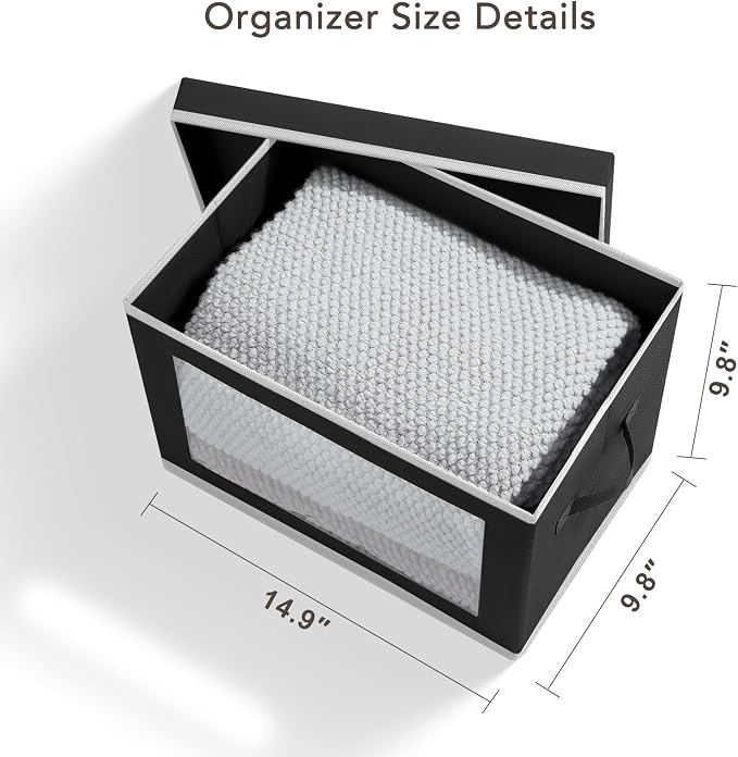 Storage Boxes with Lids - 5 Pack Foldable Clear Window Storage Bins, Large Decorative Storage Bins with Handles, Storage Containers for Clothes, Towel, Blanket, Sheet, Black - Image 2
