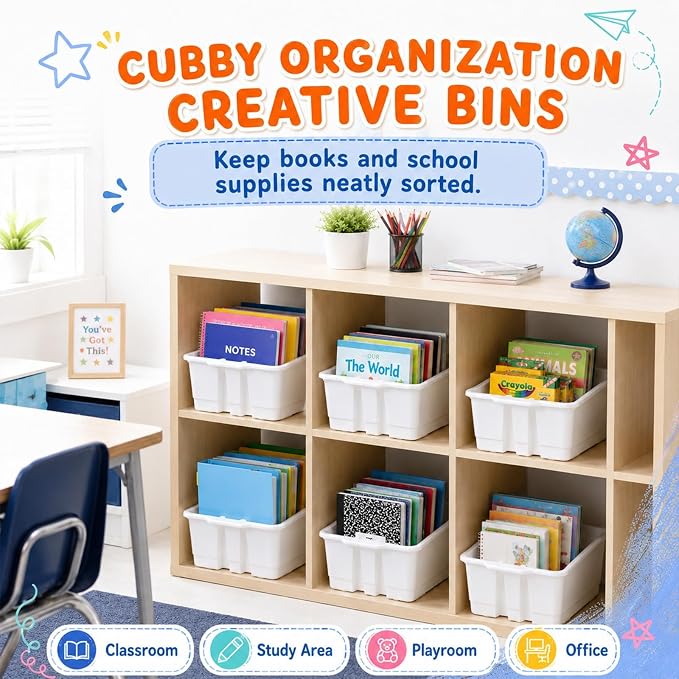 6 Pack Plastic Book Bins Stackable Classroom Cubby Organizer, White | Scoop Front Storage Bins, Cubby Bins with Handles for School Library Office Home Nursery Playroom Organization - Image 4