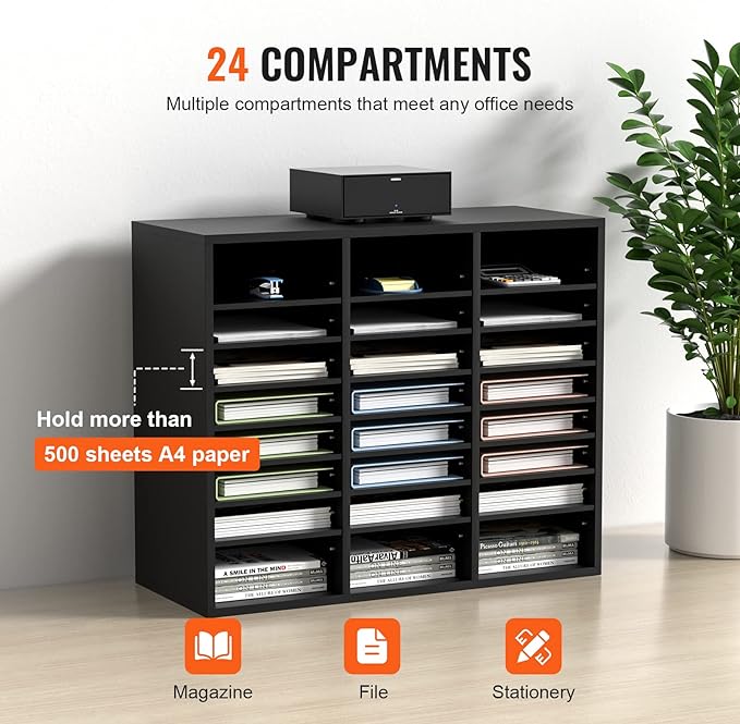 VEVOR Literature Organizers, 24 Compartments Office Mailbox with Adjustable Shelves, Wood Literature Sorter 29x12x24.4 inches for Office, Home, Classroom, Mailrooms Organization, EPA Certified Black | Office Mailbox with Adjustable Shelves, Literature ... - Image 4
