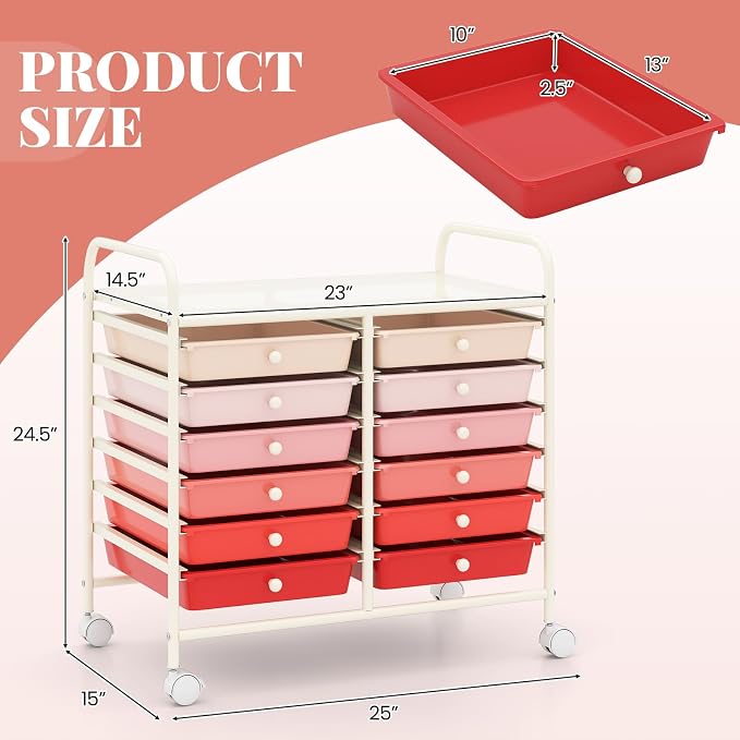RELAX4LIFE 12-Drawer Rolling Storage Cart - Mobile Utility Cart on Wheels for School Classroom Teacher Office Salon, Paper File Art Supply Craft Organizer, Rolling Cart with Drawers (Gradient Pink) - Image 3