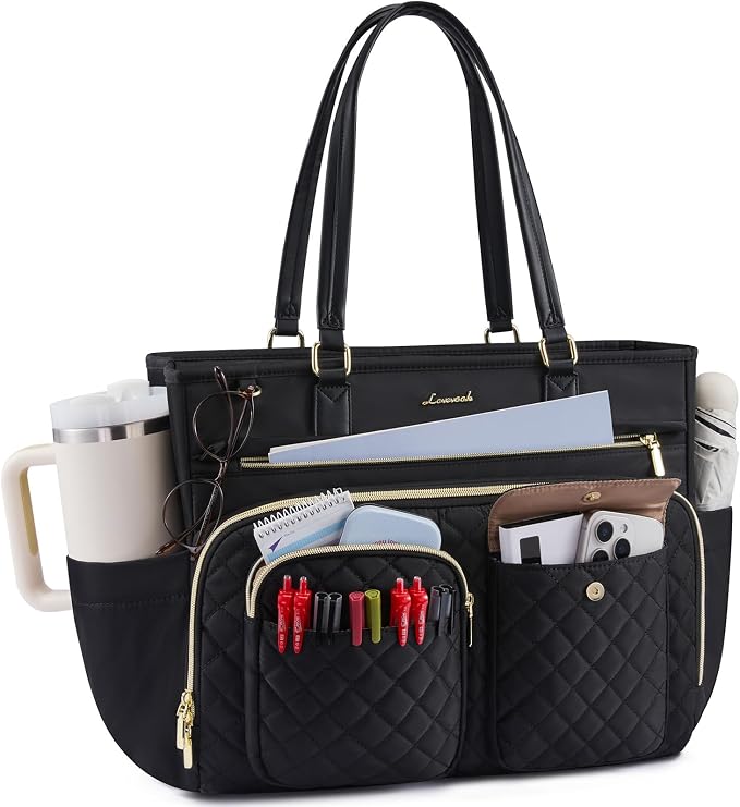 LOVEVOOK Tote Bag, Work Bags for Women with Large Cup Holder, Large Capacity Teacher Tote with Multi Pockets, Water Resistant Nurse Diaper Tote with Padded Laptop Compartment, 15.6 Inch Black by LOVEVOOK