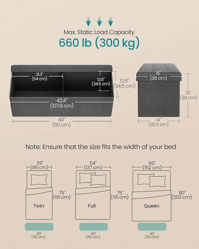 SONGMICS MAZIE Collection - 43 Inches Folding Storage Ottoman Bench, Ottoman Foot Rest, End of Bed Bench, Storage Chest, Load 660 lb, for Living Room, Bedroom, Entryway, Dark Gray ULSF77K - Image 2