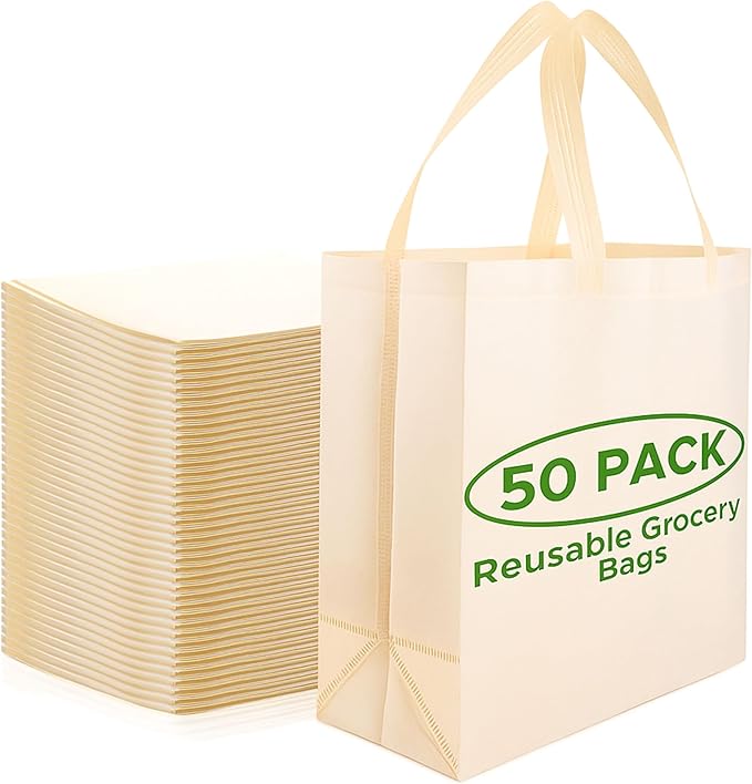 Simply Cool 50 Pack Reusable Grocery Bags, Large Tote Bags Bulk, Cream | 14.5"x14"x6.6" Heavy Duty Non-woven Custom Shopping Bags with Handles, Foldable, Washable for Groceries and Commercial use by SimplyCool