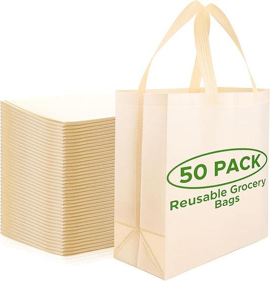 Simply Cool 50 Pack Reusable Grocery Bags, Large Tote Bags Bulk, Cream | 14.5"x14"x6.6" Heavy Duty Non-woven Custom Shopping Bags with Handles, Foldable, Washable for Groceries and Commercial use by SimplyCool