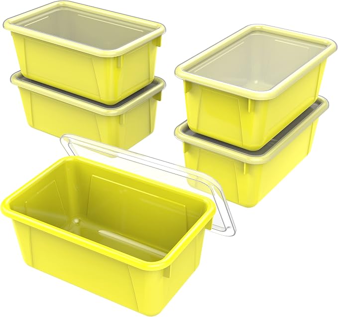 Storex Small Cubby Bins – Plastic Storage Containers for Classroom with Non-Snap Lid, 12.2 x 7.8 x 5.1 inches, Yellow, (62410U05C) (Pack of 5) by Storex