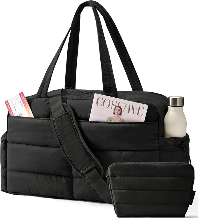 BAGSMART Gym Bag for Women, Lightweight Puffer Duffle Bag 2-PC Travel Bag, 31L Weekender Overnight Bag Quilted Carry On Tote Bag, Diaper Hospital Dance Bag for Travel, Gym, Water Resistant, Black by BAGSMART