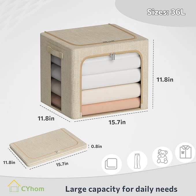 CYhom Clothes Storage Bins Box - Linen Fabric Foldable Stackable Container Organizer Set with Clear Window & Carry Handles & Metal Frame for Bedding, Blankets, Books (Beige, Medium-36L) - Image 5
