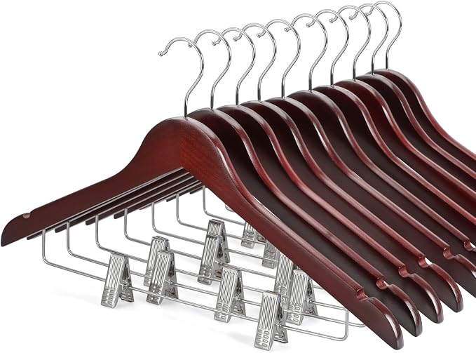TOPIA HANGER Wooden Suit Hangers with Adjustable Metal Clips (10 Pack), Solid Wood Clothes Hangers, 360° Swivel Hook, Premium Pants Hangers for Clothes Coat, Jeans, Blouse- Cherry CT28M by TOPIAHANGER