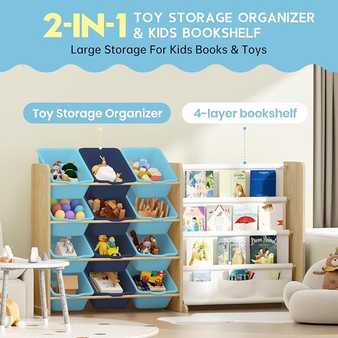 EXPERLAM Kids Toy Storage Organizer - Toy Storage with Bookshelf, Toy Organizer with 12 Blue Bins and 4 Book Shelves, Toy Organizers and Storage for Playroom, Nursery, Kids Room, Burlywood - Image 7