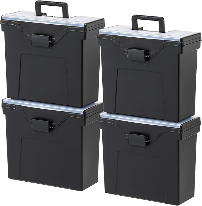 IRIS USA Slim Portable Letter/Legal File Tote Box, 4-Pack, Black | Carry letter and legal files, folders and paperwork with a slim portable design for organized storage on the go by IRISUSA