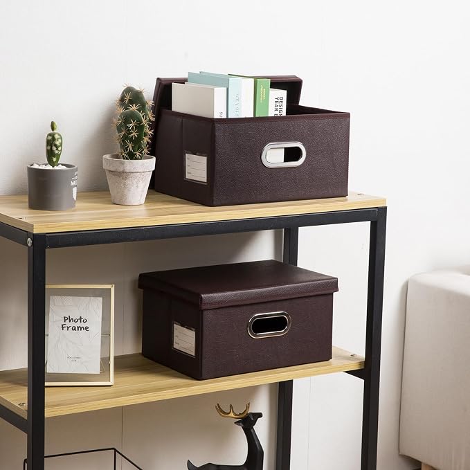 Collapsible Storage Box with Lid [1-Pack] Leather Fabric Foldable Storage Bin Organizer Container Basket Cube with Cover for Home Bedroom Closet Office Nursery Brown (13.6x9.6x6.9) - Image 2