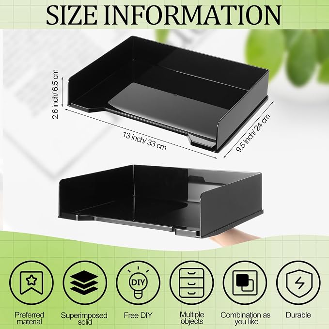 DoubleFill 2 Pcs Stackable Letter Tray Plastic Paper Tray, Black | 13 x 9.5 x 2.6 In, Rectangular, Paper Holder, File Tray for Desktop Office Desk Drawers - Image 2