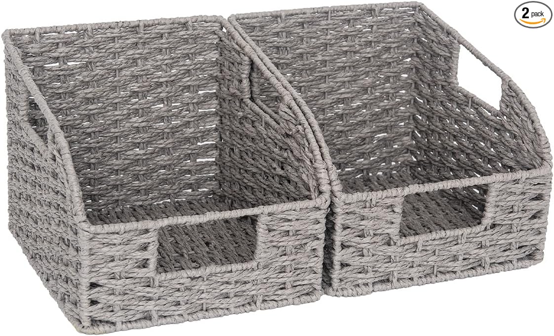 StorageWorks Wicker Baskets for Organizing, Paper Rope Gray Baskets, 2-Pack | Pantry Organizers and Storage, Wicker Storage Baskets for Shelves, Pantry Baskets for Organizing, Wicker Baskets with Handles by StorageWorks