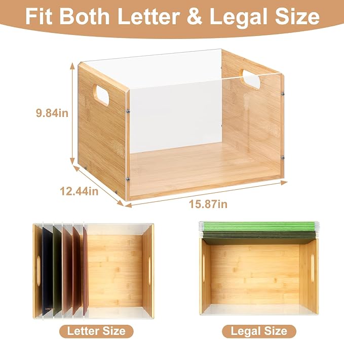 Sbanmao Letter/Legal Bamboo Acrylic File Box Organizer, Hanging File Folder Storage Boxes, Decorative Document Crate Transparent Filing Bin with Handle for Home Office Desk - Image 2