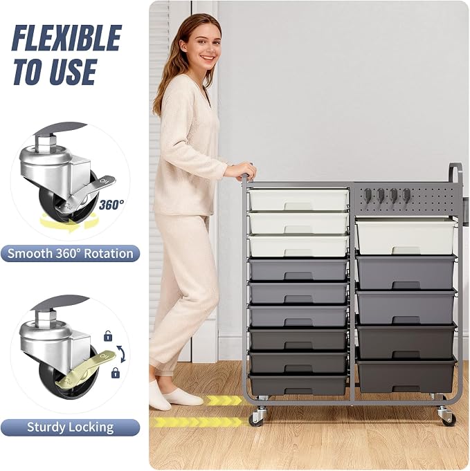 14 Drawer Rolling Storage Cart with Tabletop and Pegboard for Crafts Grey | Easy Setup, Large Capacity, Sturdy Build, Smooth Mobility, For classroom, office and dorm supplies - Image 5