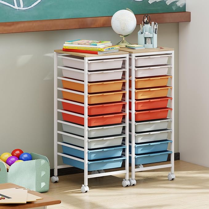 GOFLAME 10-Drawer Rolling Storage Cart, Craft Storage Cart with Wooden Tabletop and Lockable Wheels, Art Cart Supply Storage Organizer with Metal Frame for Home Office Classroom, Macaron Color - Image 8