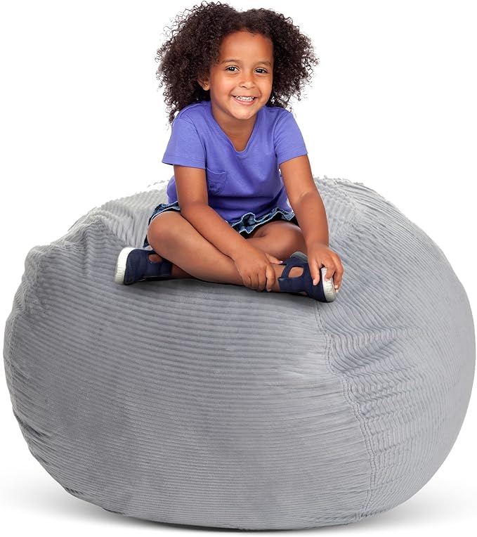 Stuff ’n Sit Extra Large 38’’ Bean Bag Storage Cover for Stuffed Animals & Toys, Giant Beanbag Chair for Kids Ages 3-14, Bedroom Organizer, Light Gray Corduroy by CreativeQT