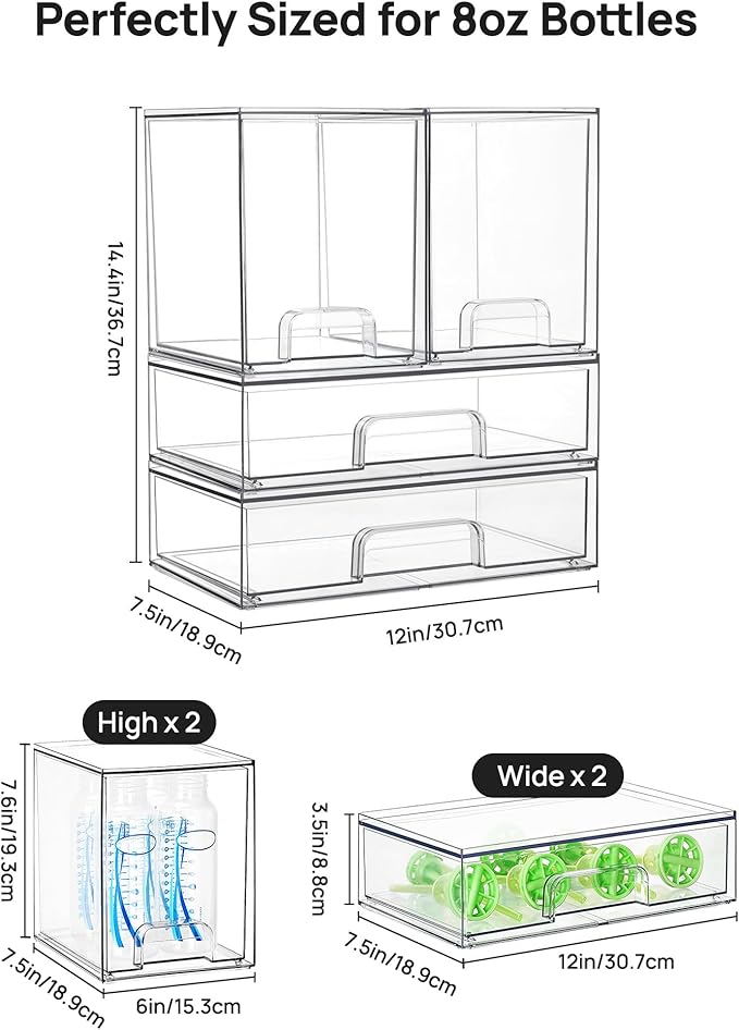 Vtopmart Clear Stackable Storage Drawers Set of 4, Baby Bottle Organizer | Plastic Organizer Bins for Makeup, Cosmetics, Beauty Supplies,Ideal for Vanity, Bathroom,Cabinet,Pantry Organization - Image 2