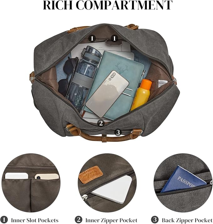 S-ZONE Weekender Bags for Women and Men Travel Duffel Bags with Shoe Compartment Overnight Carry on Duffle Tote Bag | Soft Canvas and Leather Trim, with Toiletries Bag,Carry-on Size,Trolley Sleeve,Adjustable Shoulder Strap,Shoe Compartment - Image 6