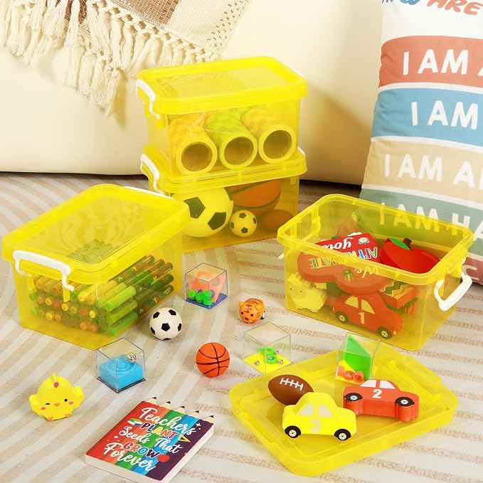 6 Pack 4 Quart Colorful Plastic Storage Bins with Lids Stackable Storage Bins with Latching Lids Handle Clear Colored Storage Organizer Bins for Home Office Pantry Containers(Yellow) - Image 4