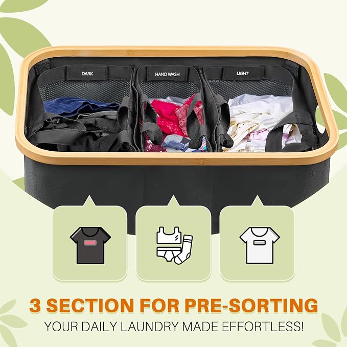 145L Laundry Hamper with Lid, 3 Section Laundry Basket with 3 Removable Bag | Clothes Hampers for Laundry with Bamboo Frame Handle, Large Dirty Clothes Hamper for Laundry Room, Bathroom, Bedroom, Grey - Image 4
