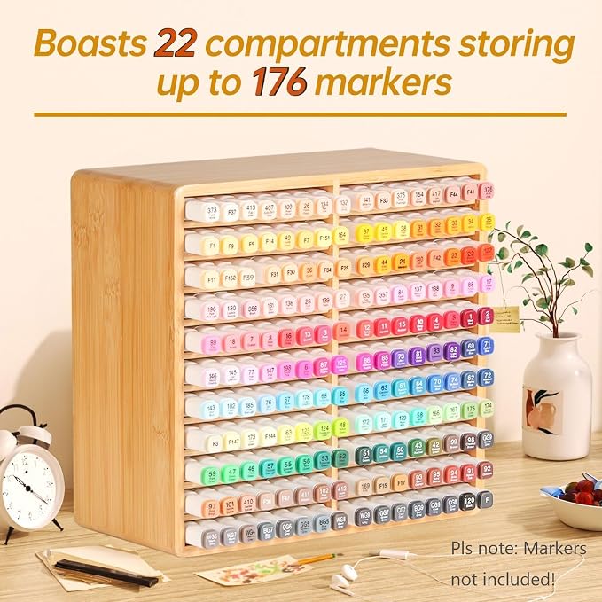 Markers Organizer Hold 176 Markers Birthday Gifts Bamboo Pen Holder Art Supply Pencil Alcohol Storage Organizer 22 Compartments All-in-One Marker Storage for Home Office Desk Classroom - Image 2