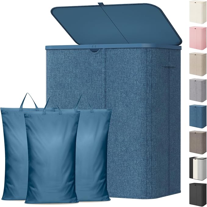 Lifewit 185L 3 Section Laundry Hamper with Lid, Laundry Basket, Dark Blue | Large Foldable Laundry Sorter with 3 Removable Bags, Tall Clothes Hamper for Bedroom and Bathroom by Lifewit